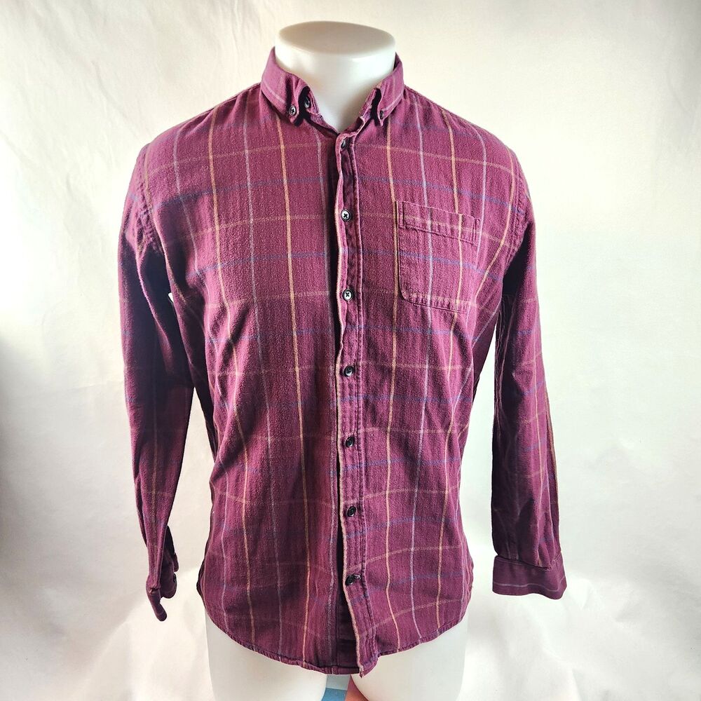 Frank & Oak Button Up Shirt Mens Large Red Plaid Flannel Casual Classic Outdoors